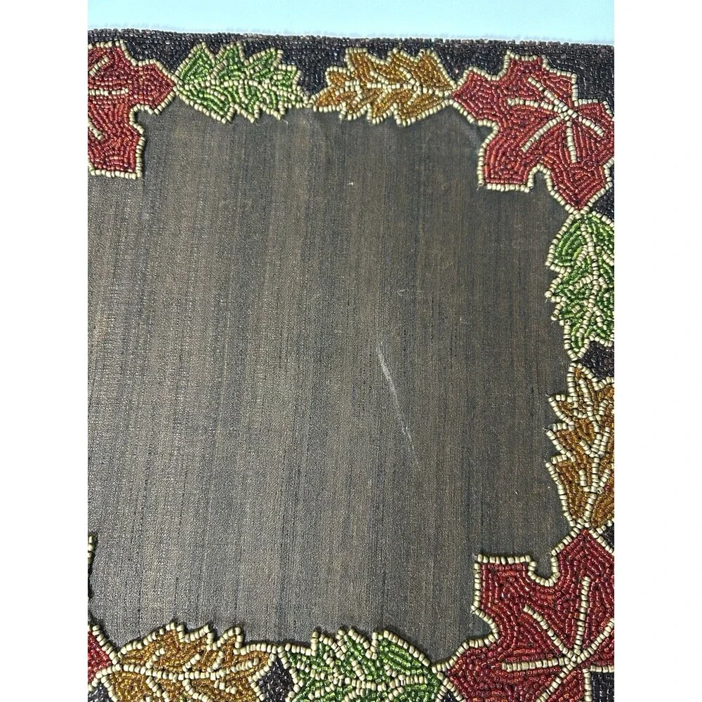 4 RLK Leila’s Linens Glass Beaded Autumn Fall Leaves Brown Table Placemat Decor